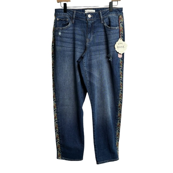 Knox Rose Aztec Straight Leg Embroidered Distressed Denim Jeans Size 6 New - Picture 2 of 7